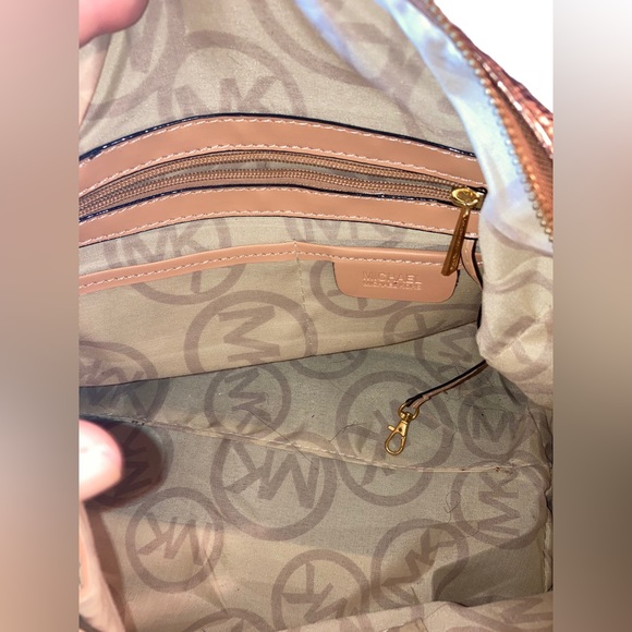 Michael Kors MK Monogrammed Shiny Gold Metallic Large Duffel Tote Purse Bag - Picture 9 of 14